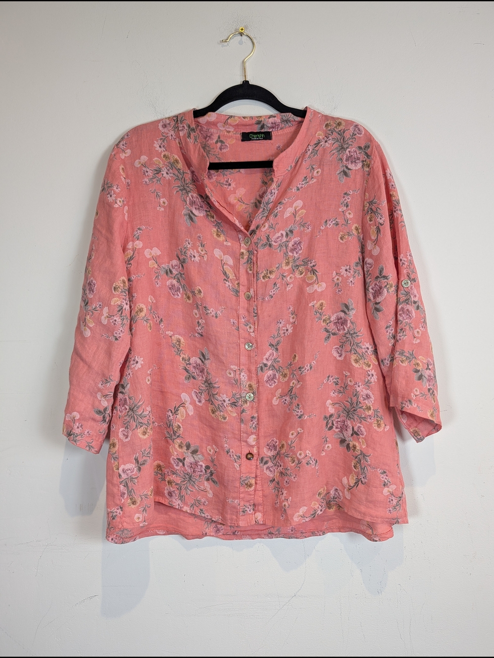 Cherishh Pink Floral Button-Front Linen Top, Size S/M
